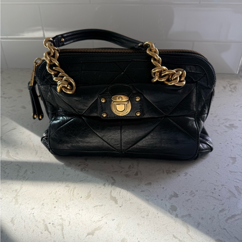 Marc Jacobs Luxurious Black Leather Satchel with Gold Accents